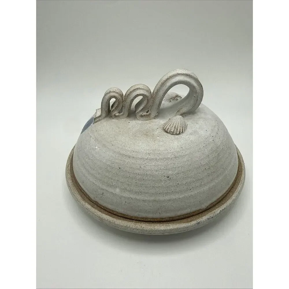 Vintage Handmade Pottery Lidded Blue & Cream Cheese Crock w Ribbon Handles
